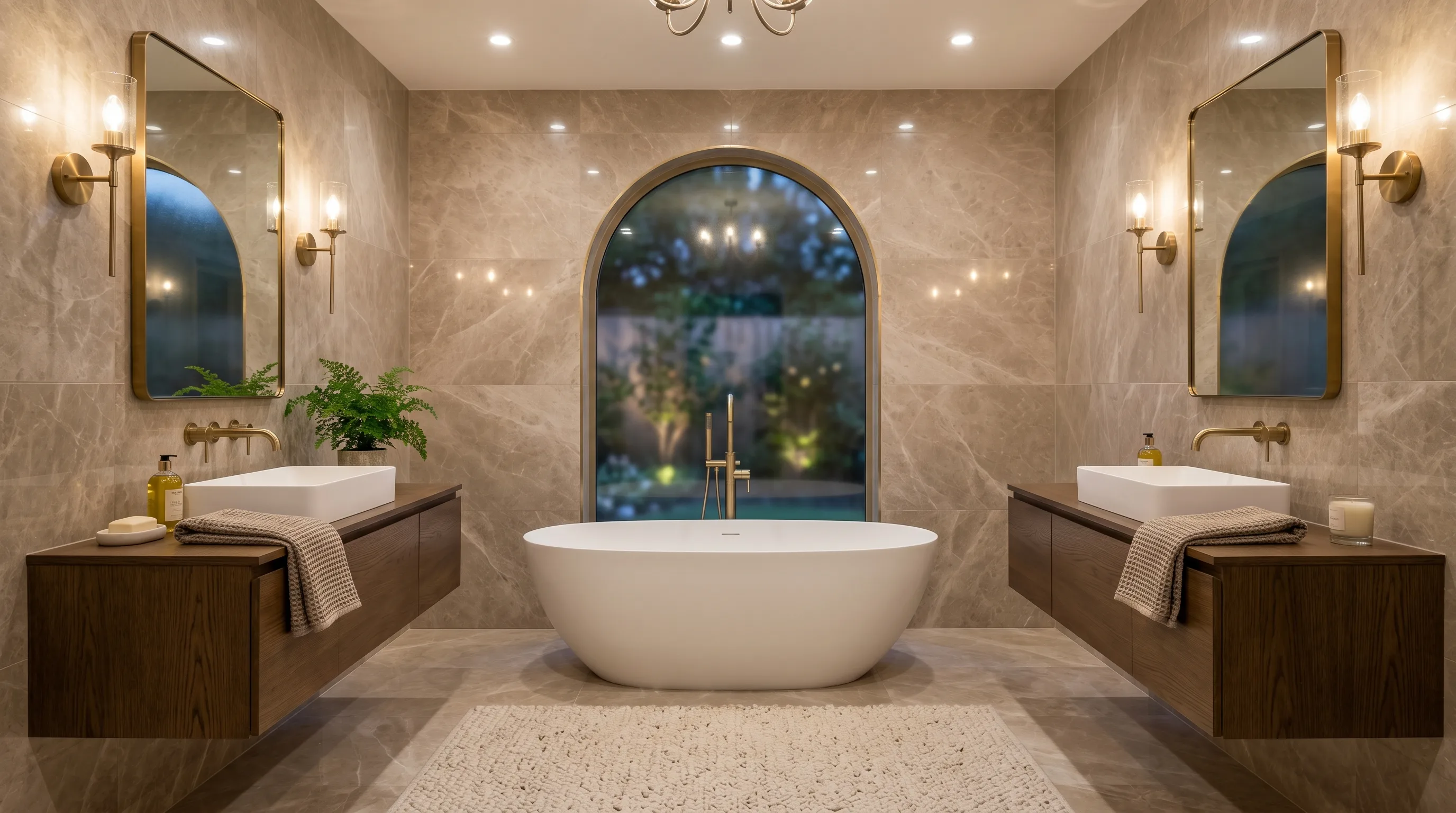 Taupe bathroom paired with brass for soft glamorous elegance.