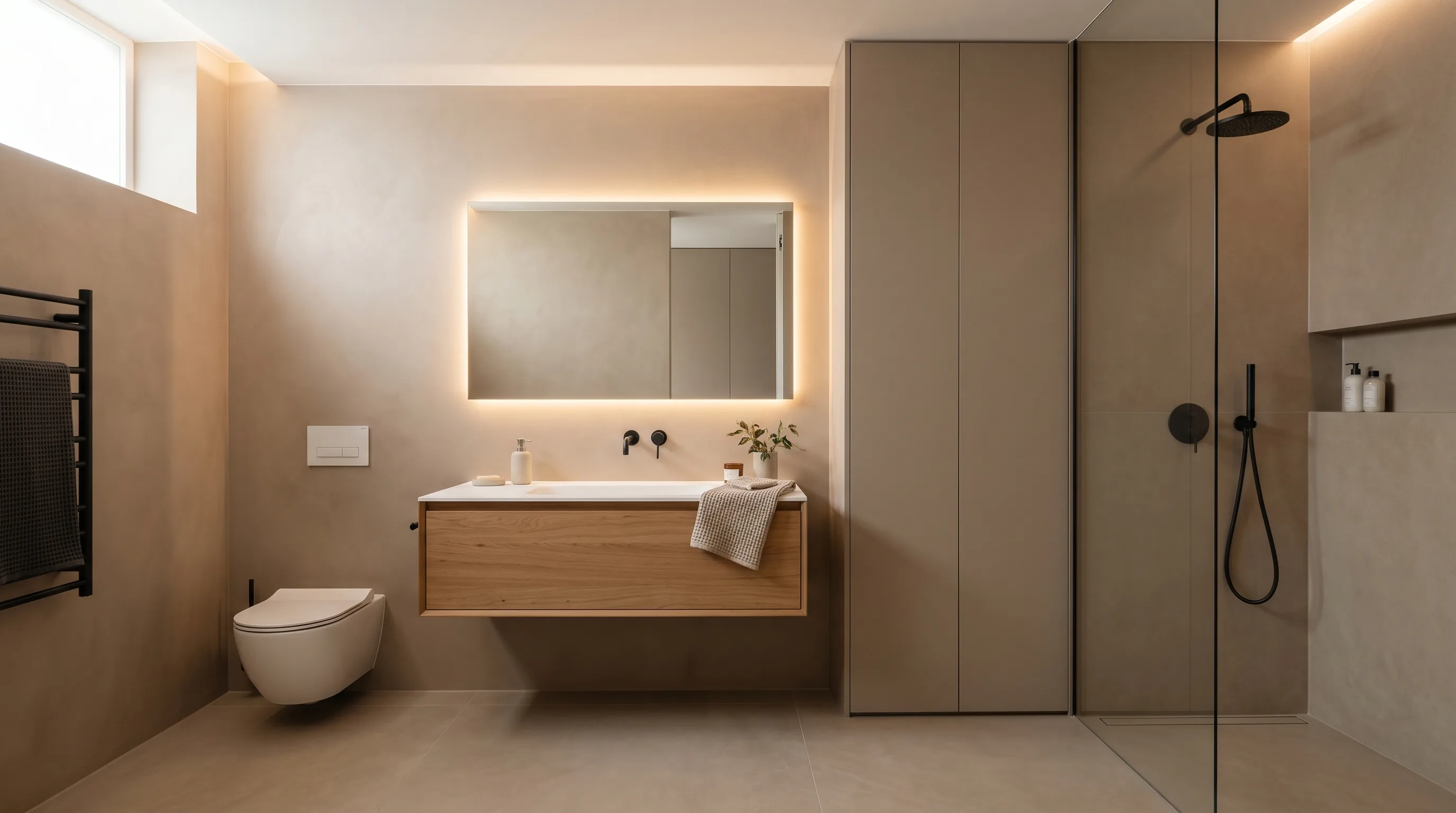 Clean-lined vanity shapes in an effortlessly chic taupe bathroom.
