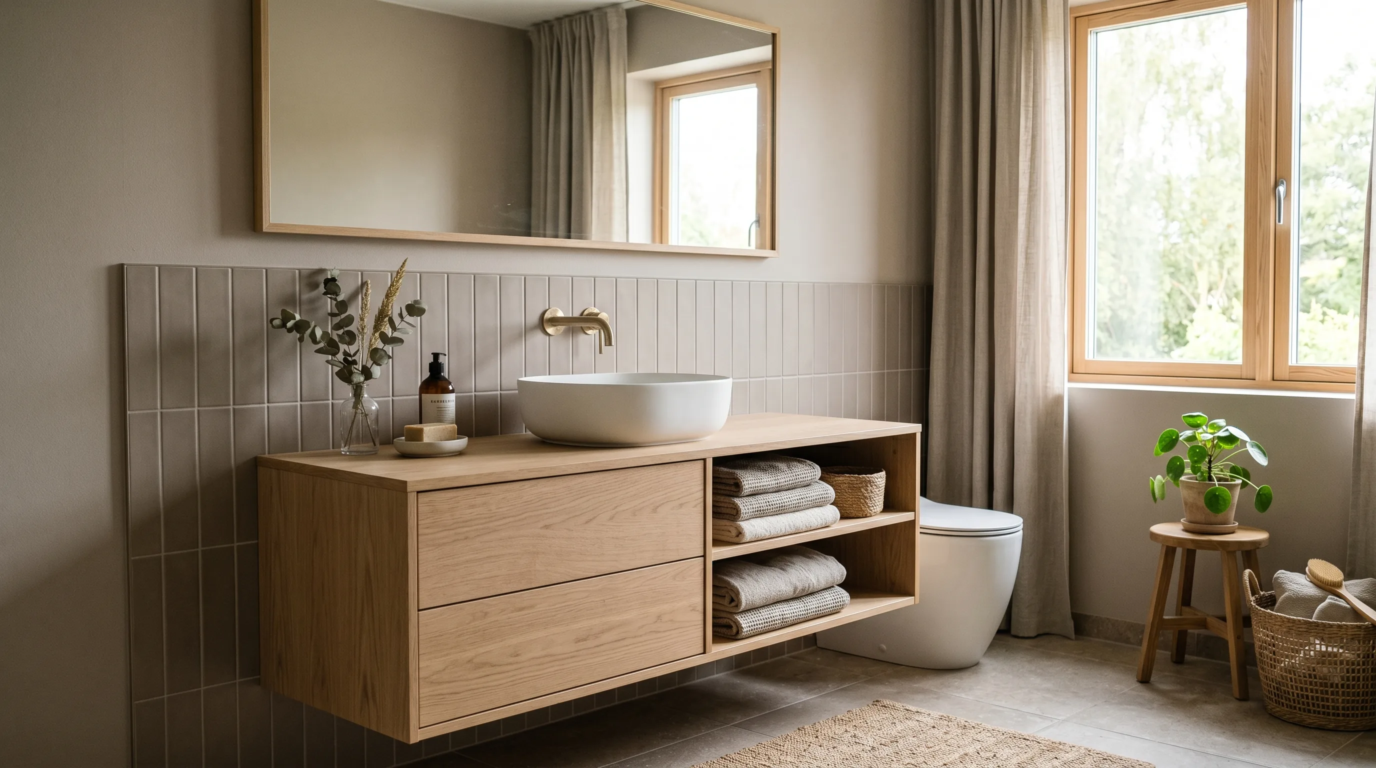 Matte and polished surfaces mixed in a taupe bathroom design.