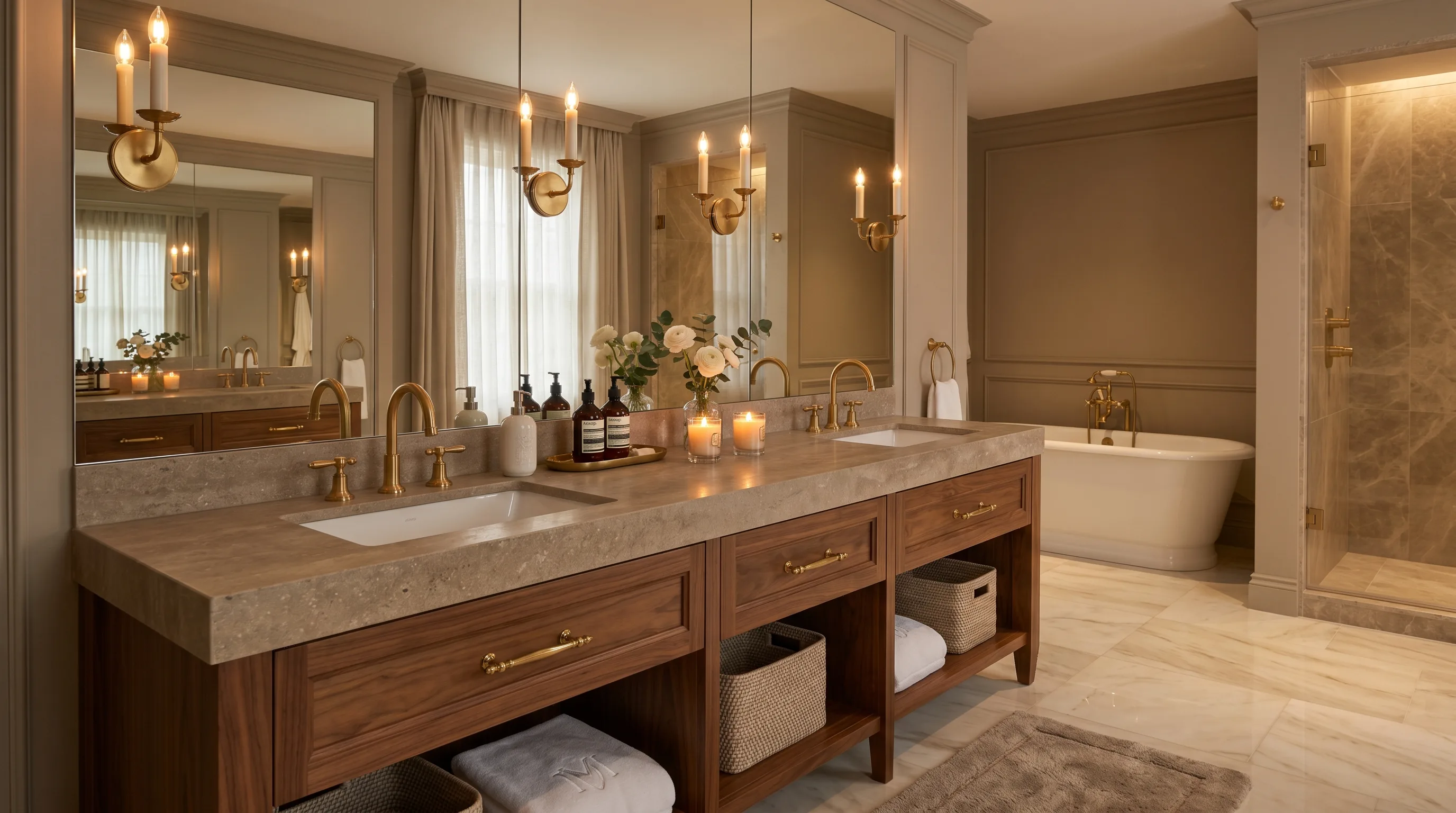 White accents crisply supporting a chic taupe bathroom.