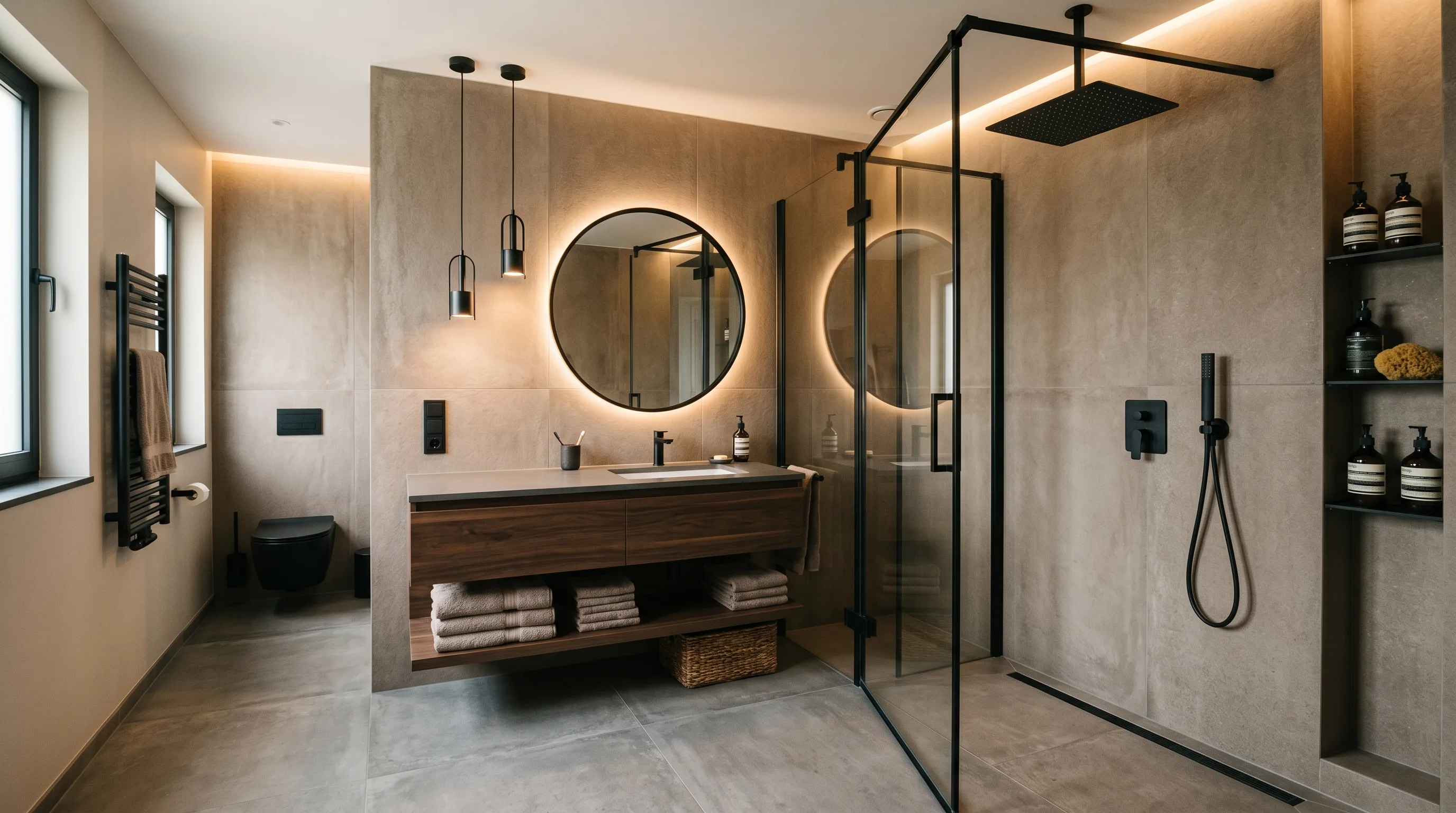 Stone details bringing quiet luxury to a taupe bathroom.