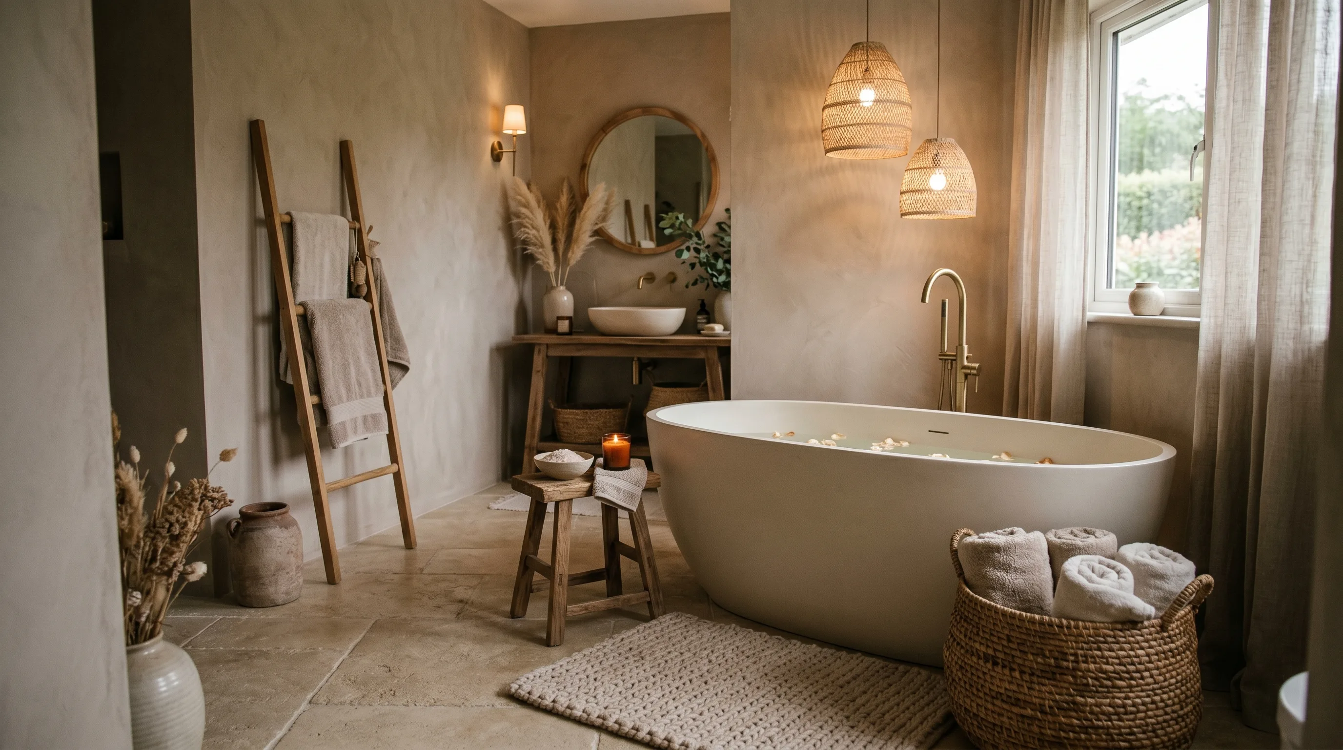 Warm flattering lighting in a stunning taupe bathroom.