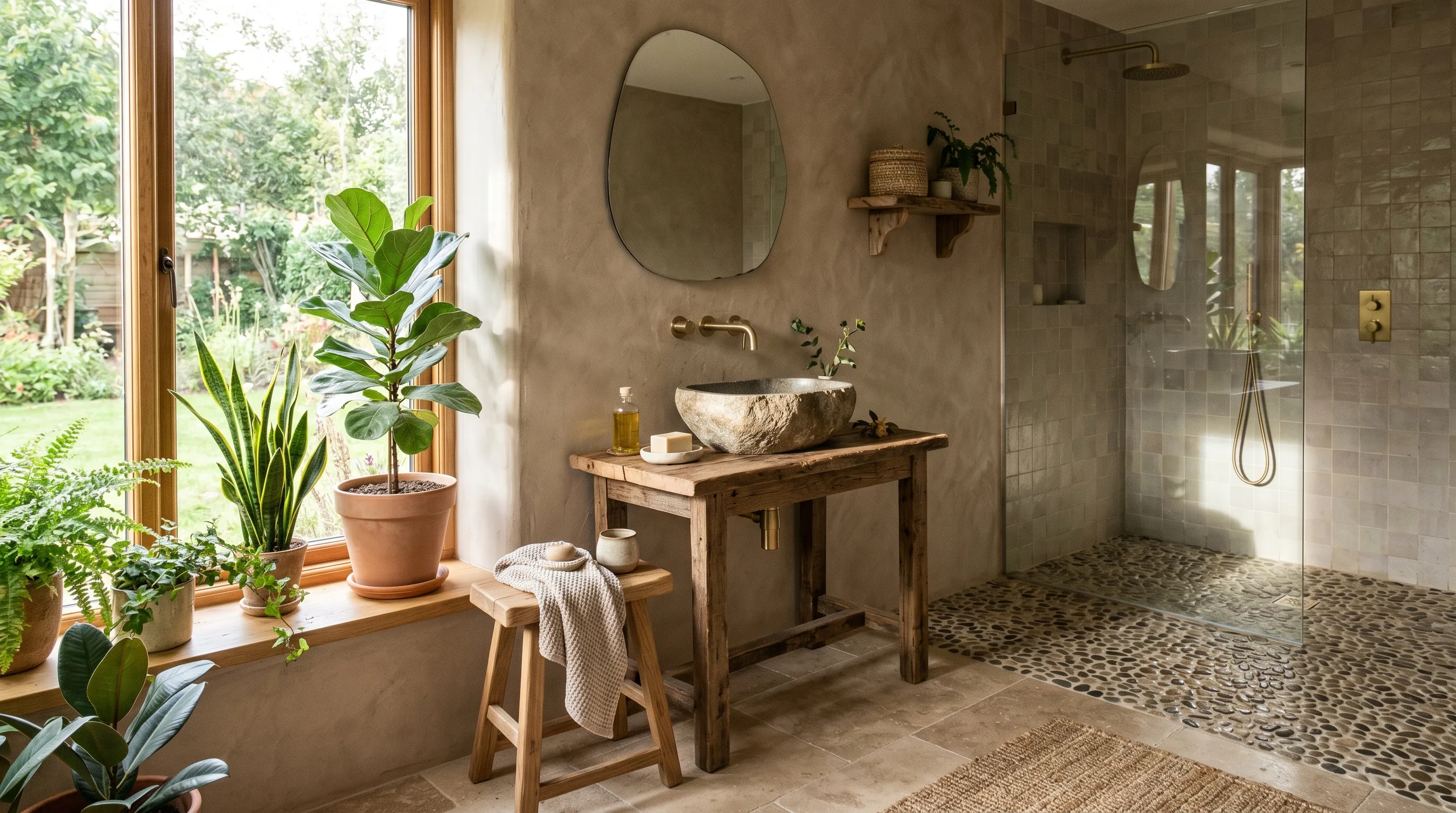 Open glass shower giving a taupe bathroom a more modern finish.