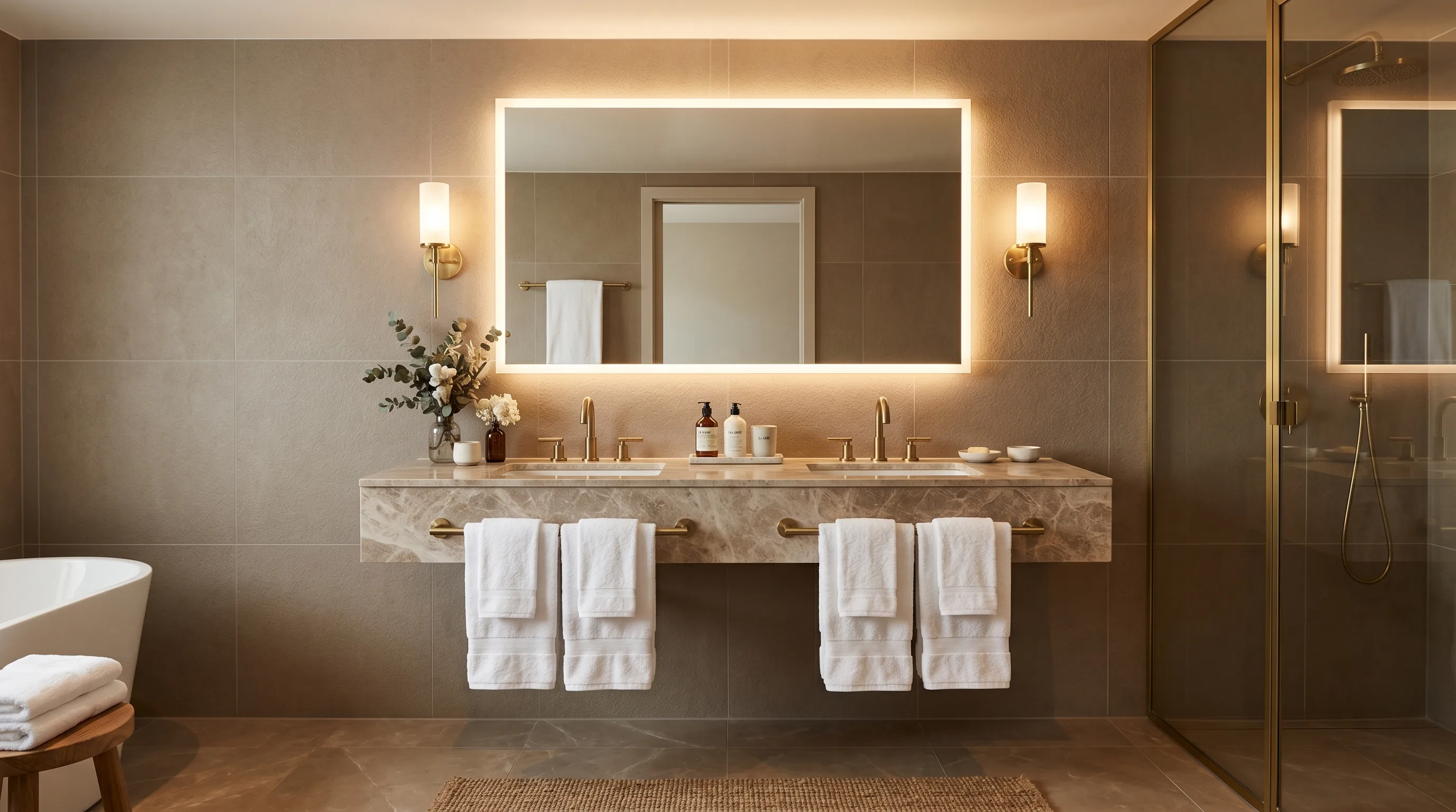 Minimal decor and strong texture in an effortlessly chic taupe bathroom.