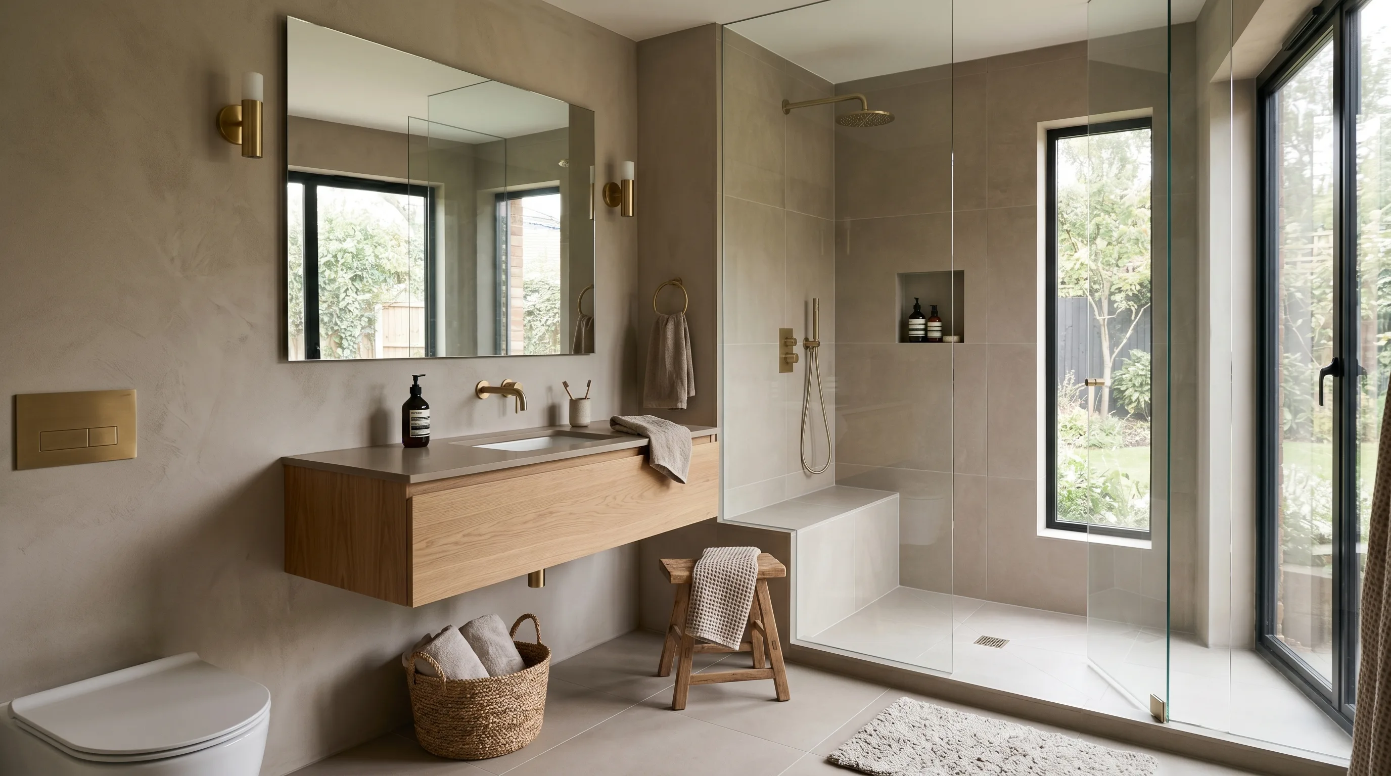 Taupe used in a high-contrast modern bathroom design.