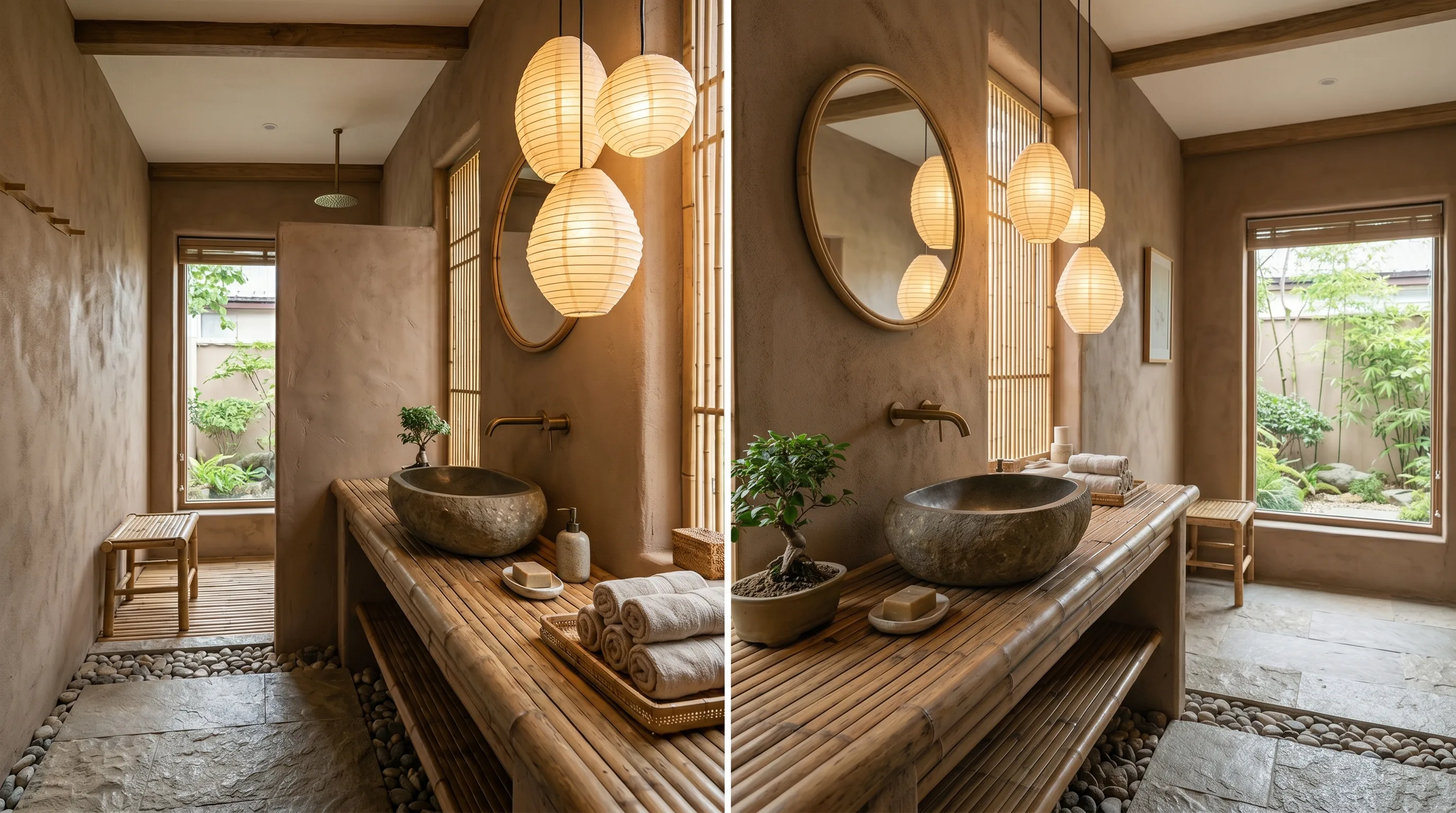 Taupe paired with pale wood in a soft chic bathroom design.