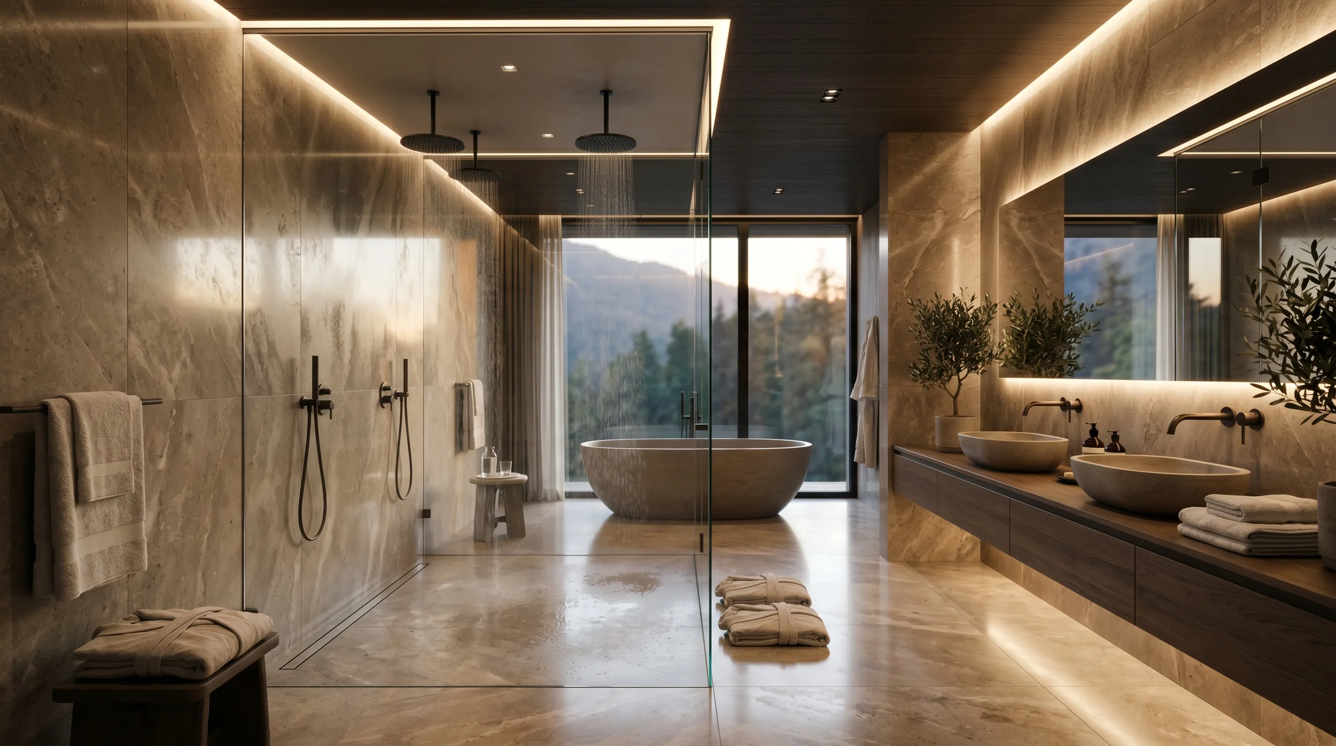 Tonal taupe bathroom palette creating an elevated chic design.