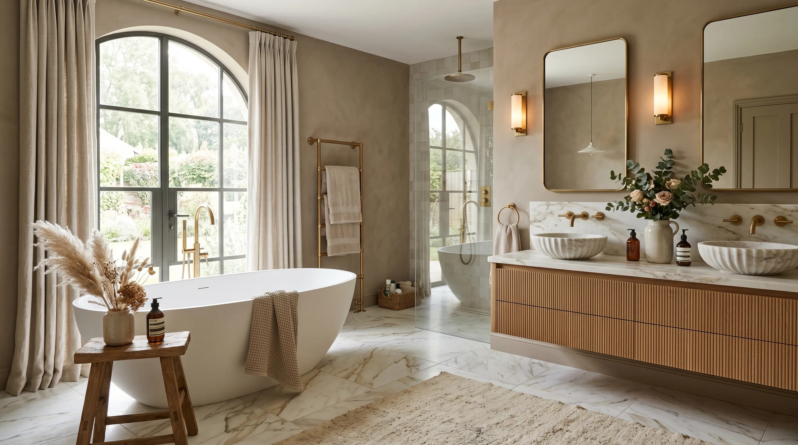 Refined taupe bathroom design that feels effortlessly chic.