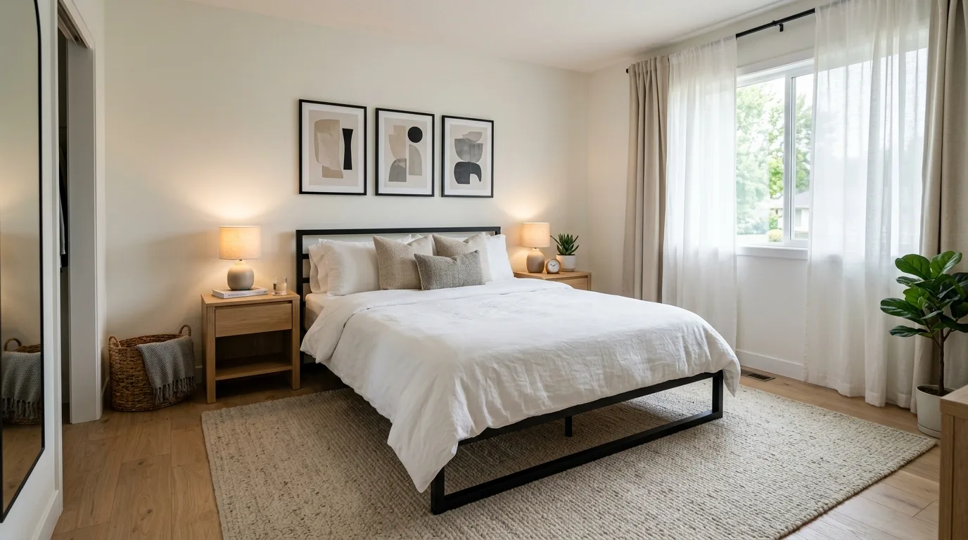 Sturdy black bed frame creating a stylish foundation in a layered bedroom.