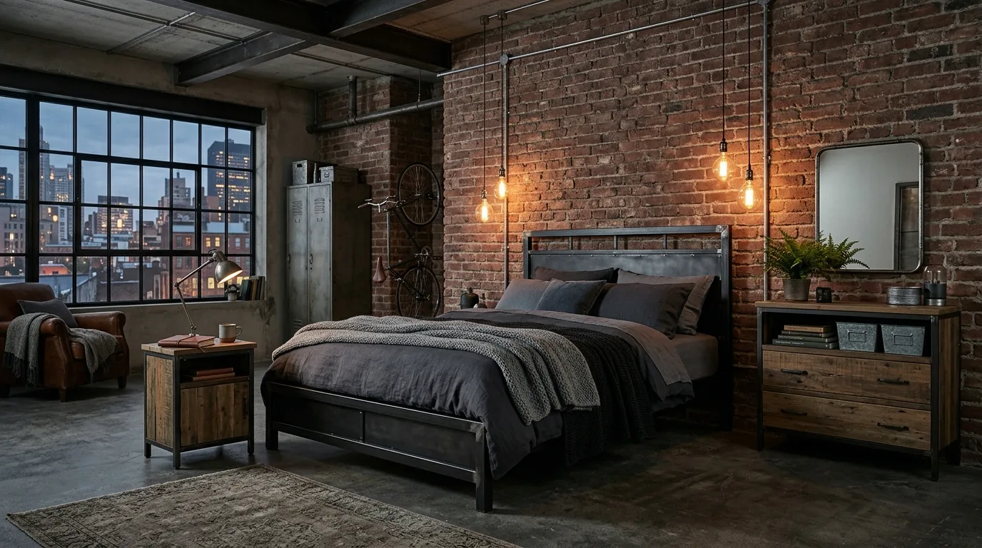 Warm wood accents with a sturdy black bed frame in a grounded bedroom.