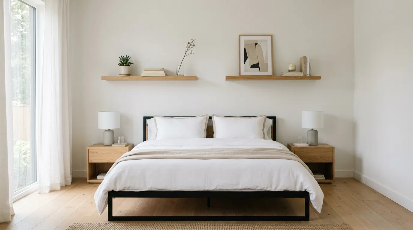 Sturdy black bed frame in a soft neutral room with balanced contrast.