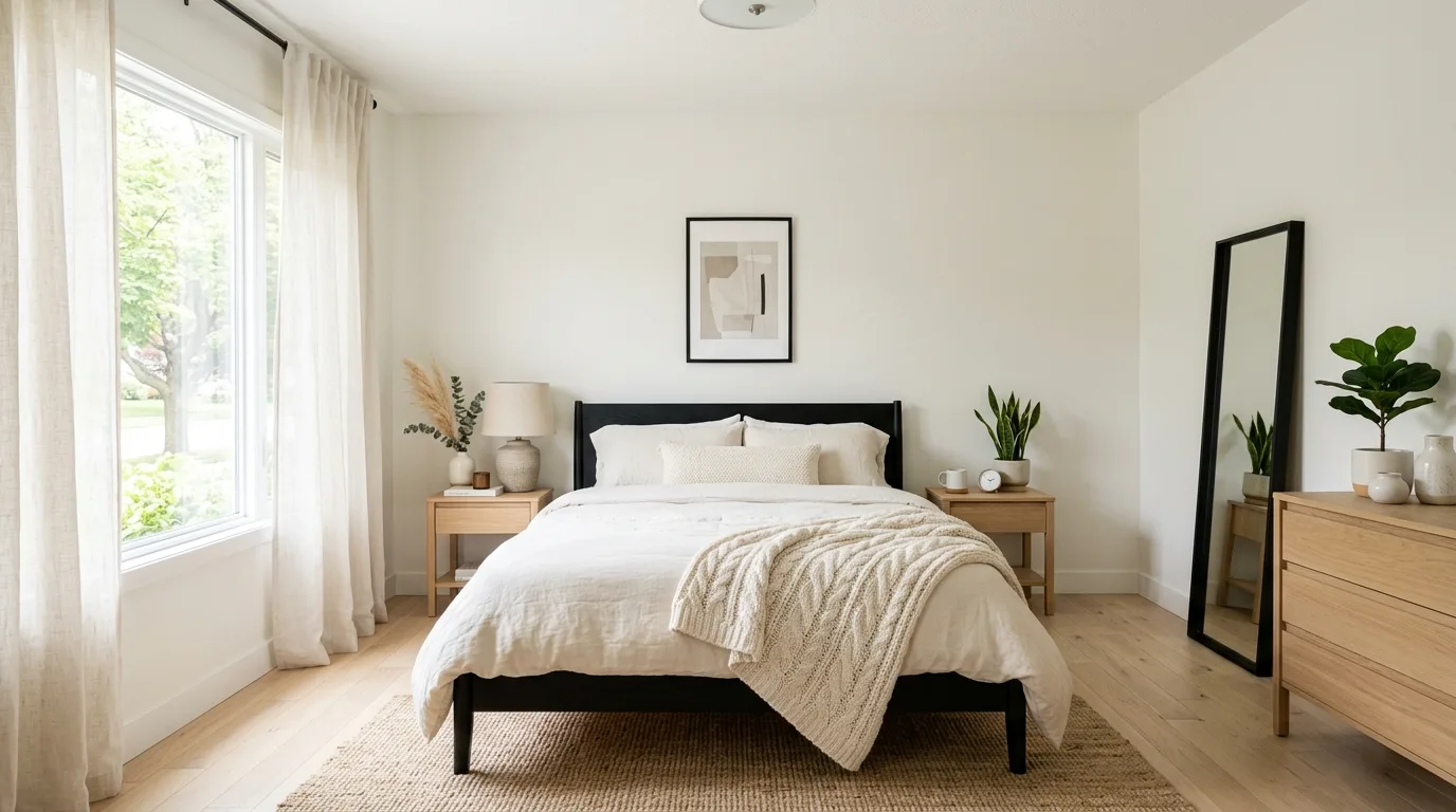 Black bed frame used as the main focal point in a stylish bedroom.