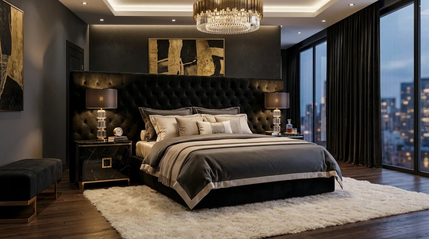 Sturdy black bed frame with soft beige contrast in a calm bedroom.