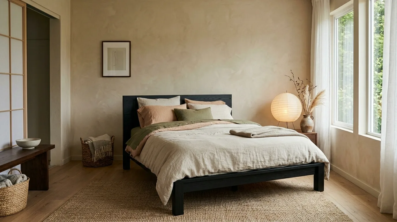 Black bed frame and grey tones creating modern calm in the bedroom.