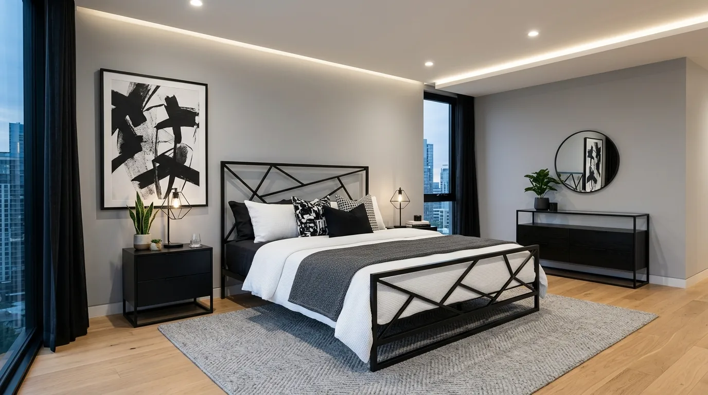 Black bed frame with a textured headboard wall in a stylish bedroom.