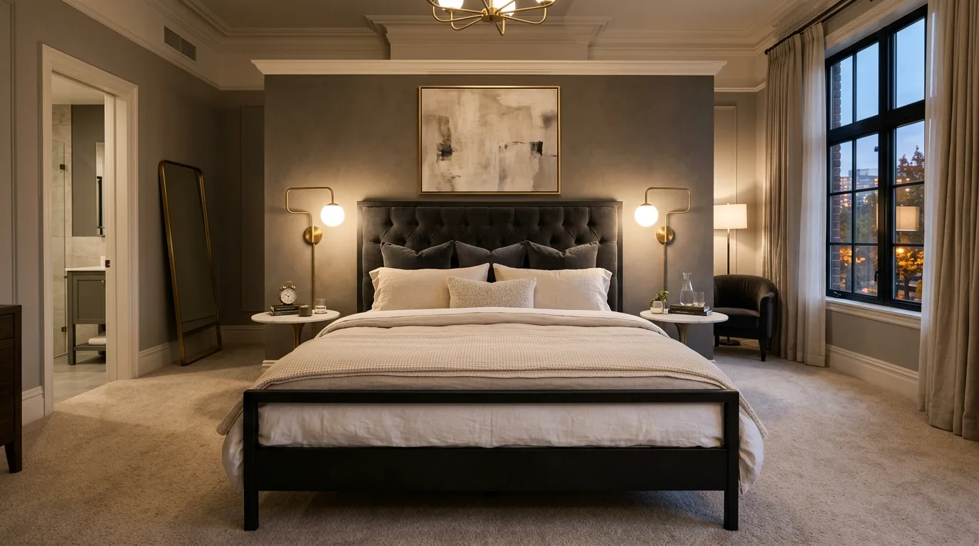 Warm lighting around a sturdy black bed frame in a cozy styled bedroom.