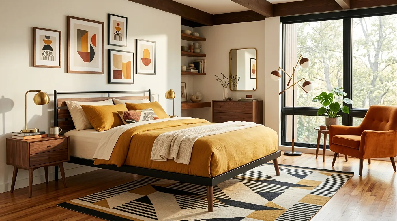 Black bed frame with minimal but intentional decor in a clean bedroom.