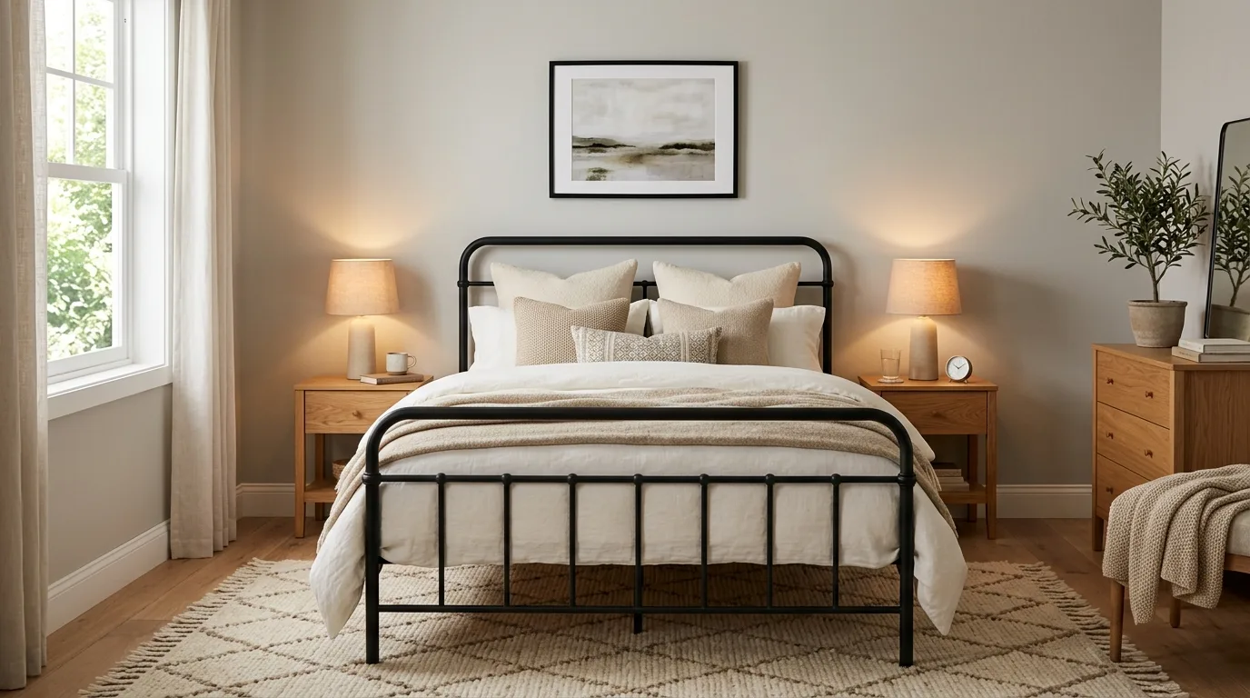 Layered bed matching the strength of a sturdy black frame in a stylish bedroom.