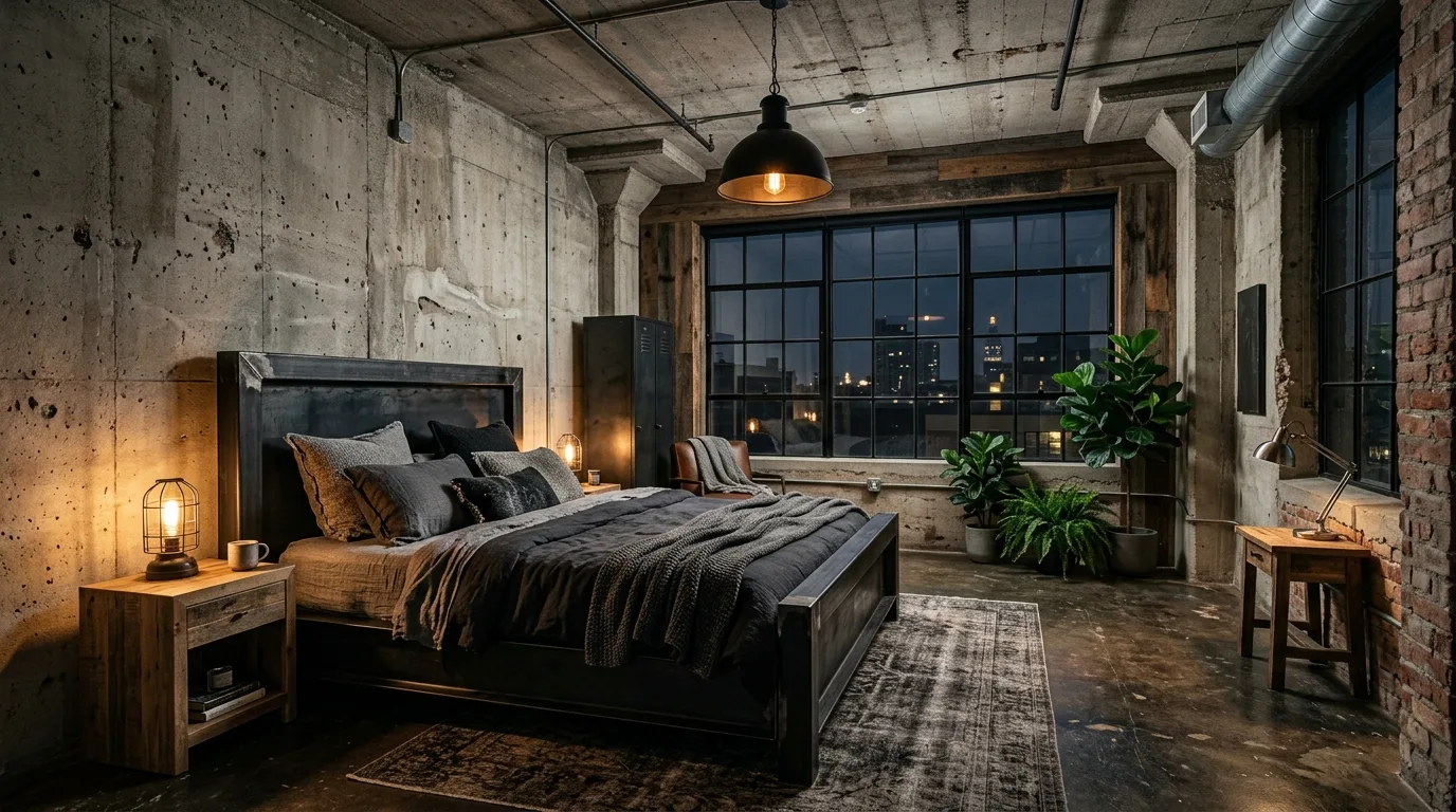 Black frame with soft rugs and natural warmth in a grounded bedroom.