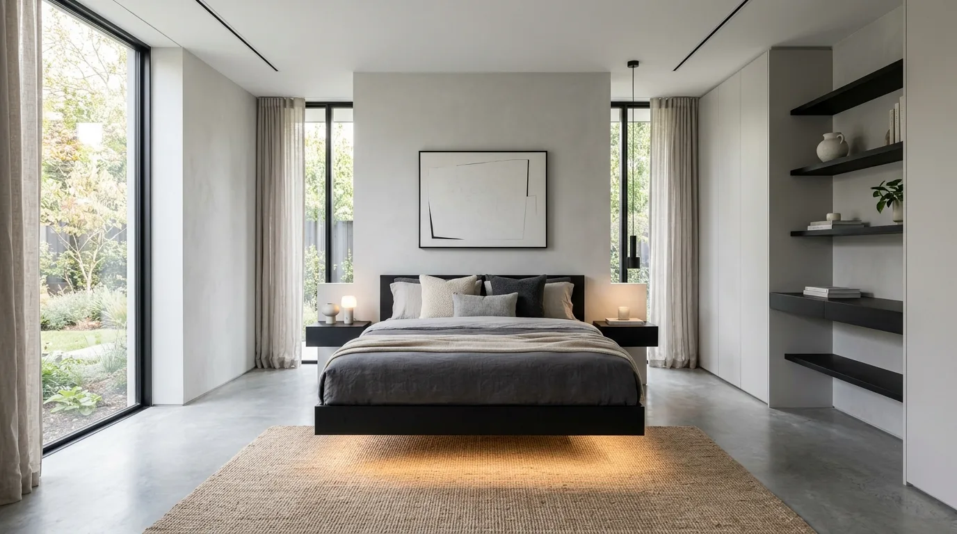 Sturdy black bed frame setting the whole room right with balanced styling.