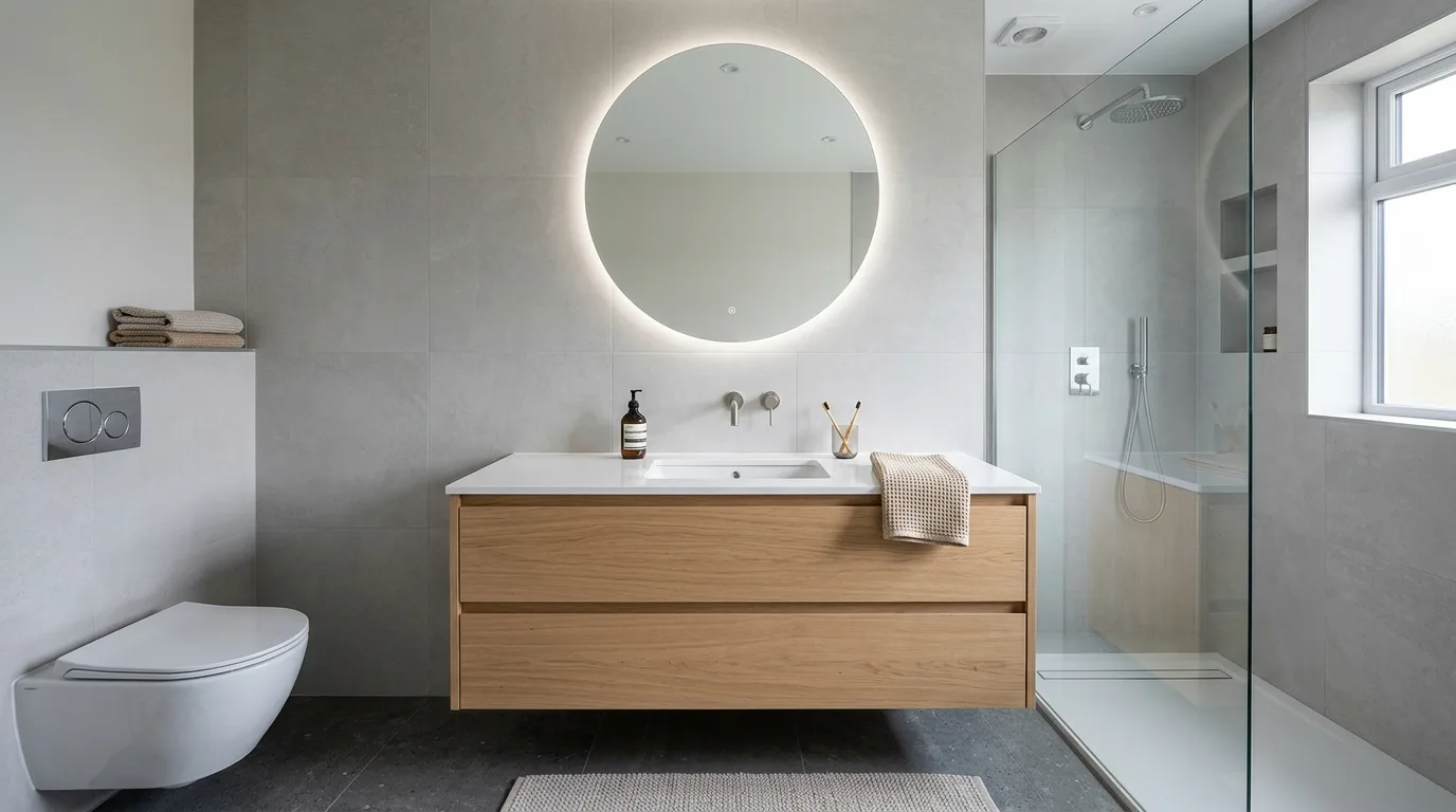 use lighting to bring the space to life in a bathroom inspired by stylish vanity tight quarters.