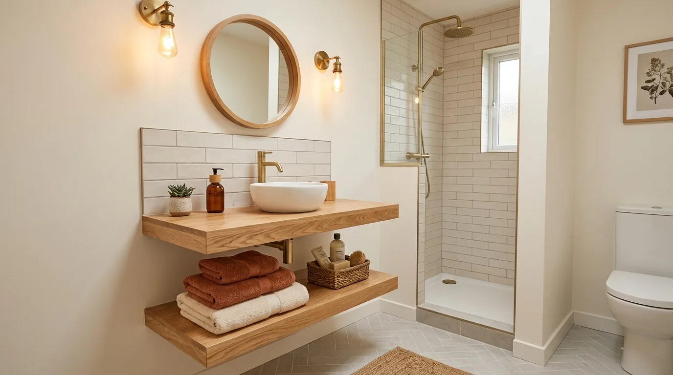 add texture for more depth in a bathroom inspired by stylish vanity tight quarters.