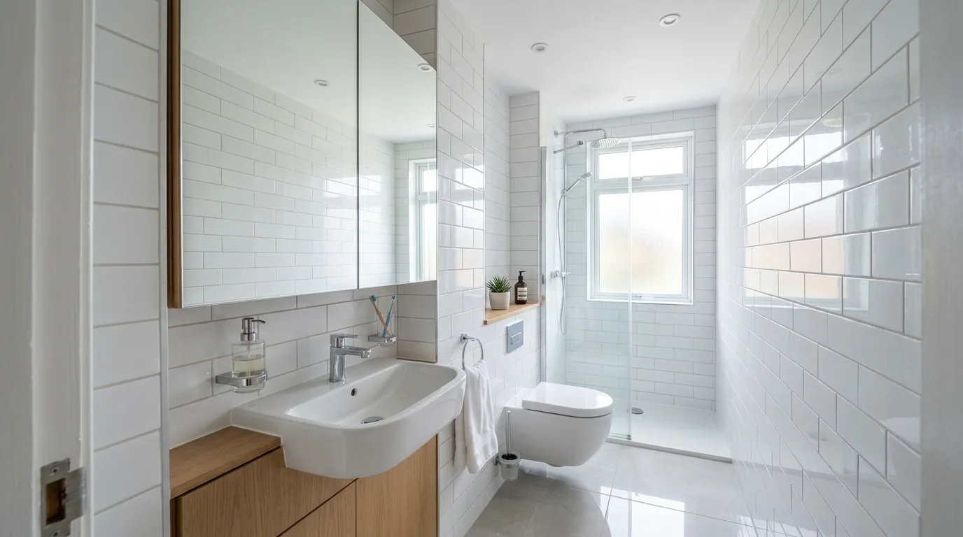 use decor that reinforces the look in a bathroom inspired by stylish vanity tight quarters.