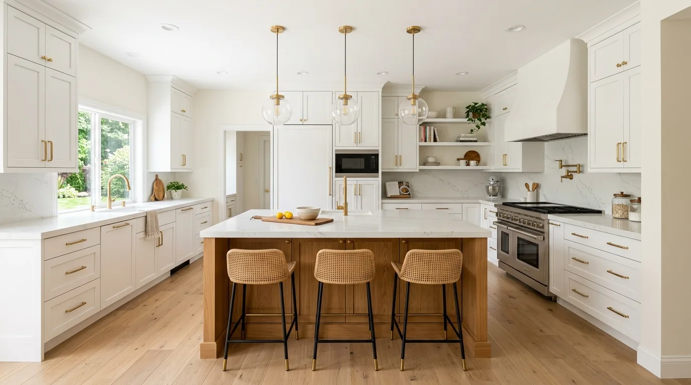 use lighting to shape the overall mood in a kitchen inspired by stylish two tone wood.