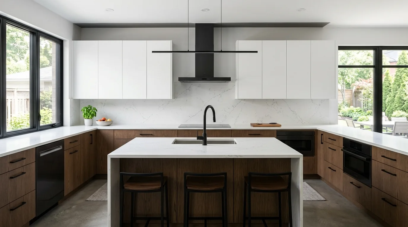 make storage feel natural and useful in a kitchen inspired by stylish two tone wood.