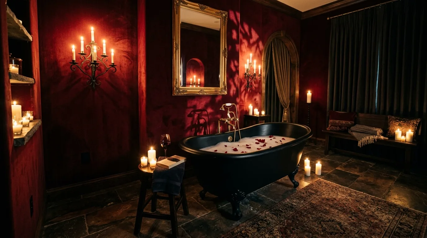 Sultry red bathroom with moody maximum-impact aesthetic.