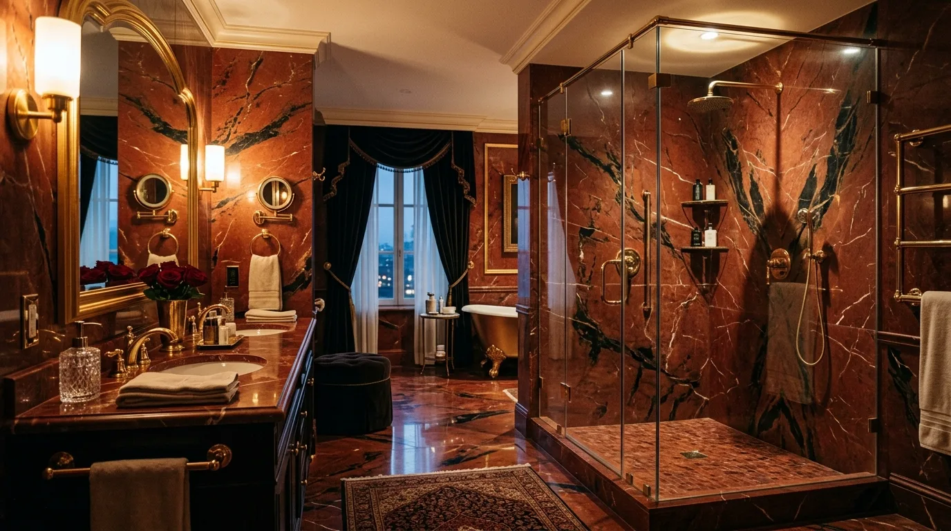 Deep red used as an atmospheric color in a bathroom.