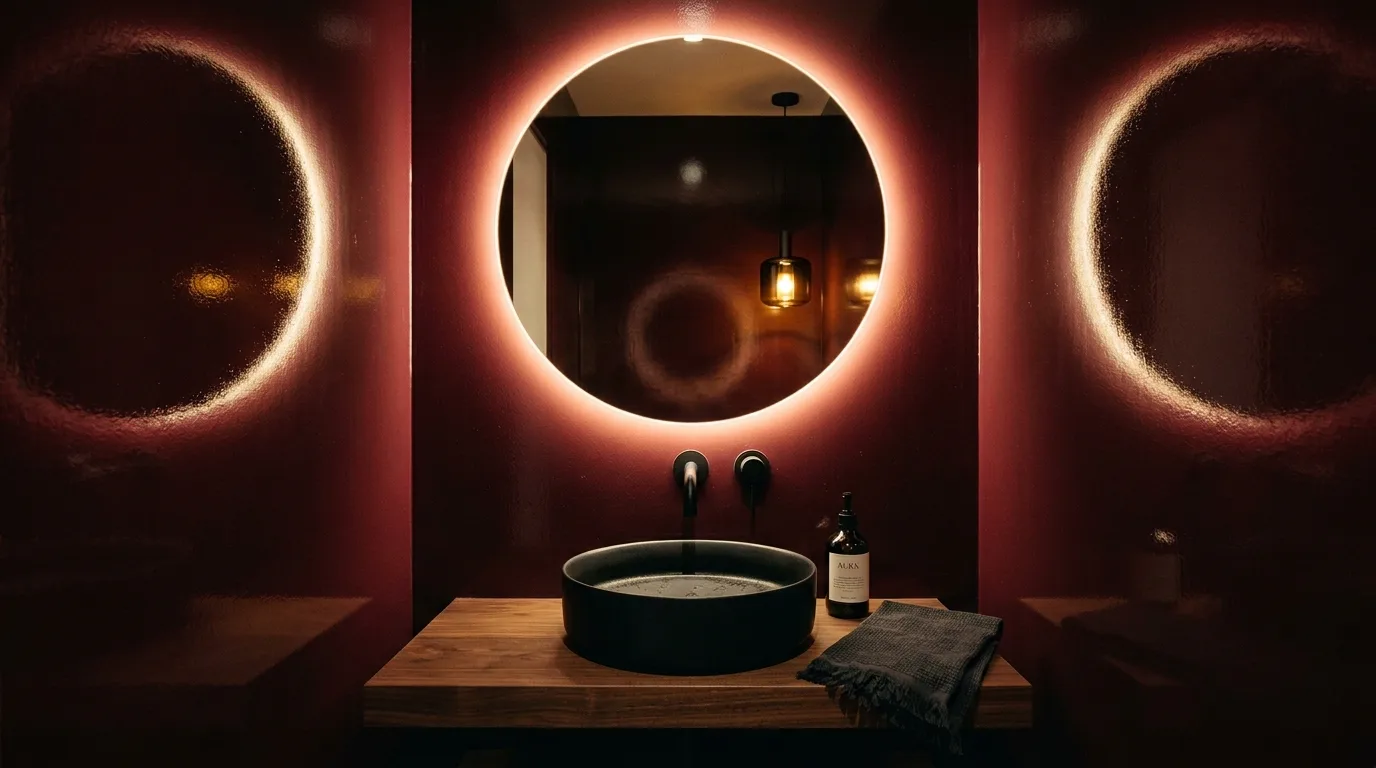 Black paired with sultry red for bathroom drama.