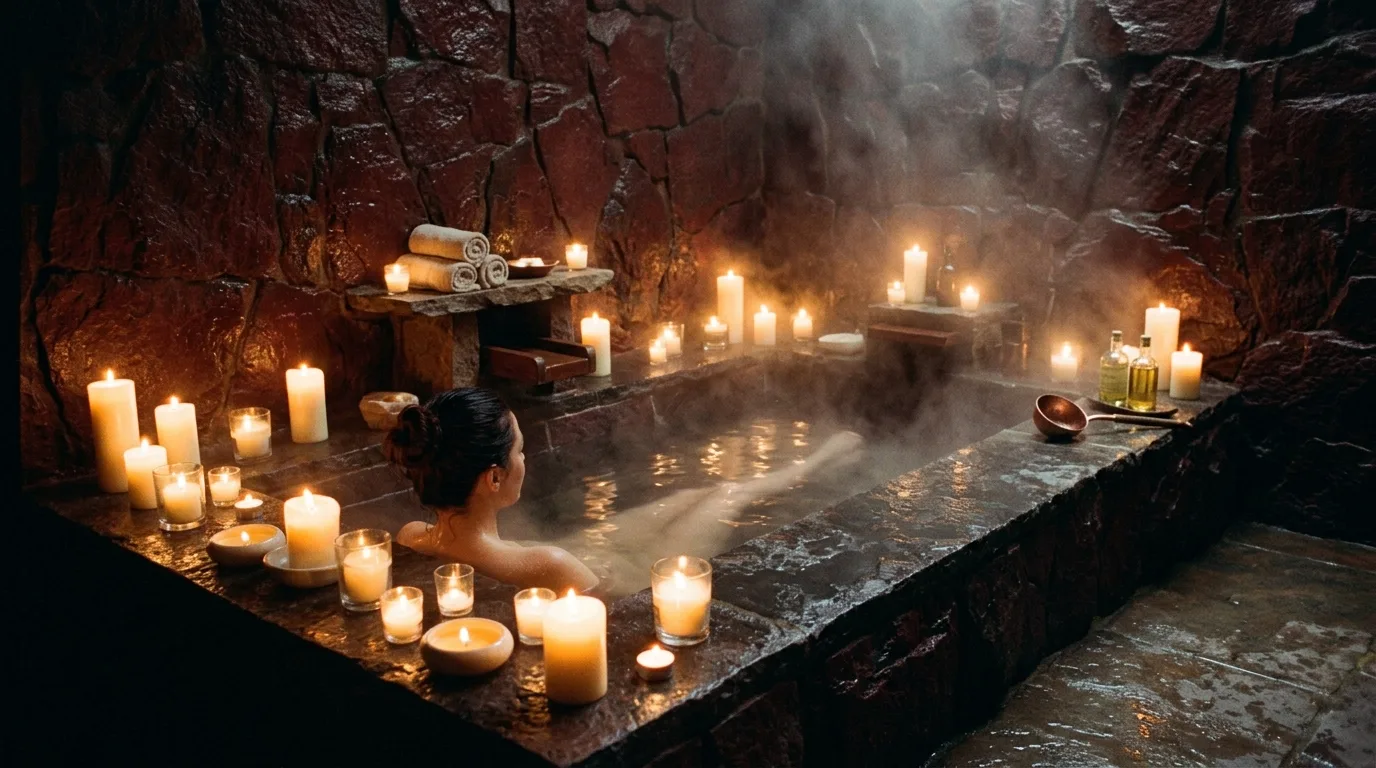 Warm metal glow in a sultry red bathroom.