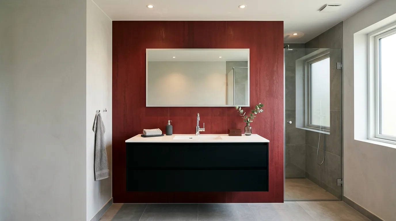 Low lighting deepening the mood of a red bathroom.