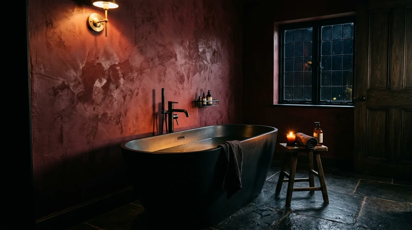 Textured surfaces adding visual seduction to a red bathroom.