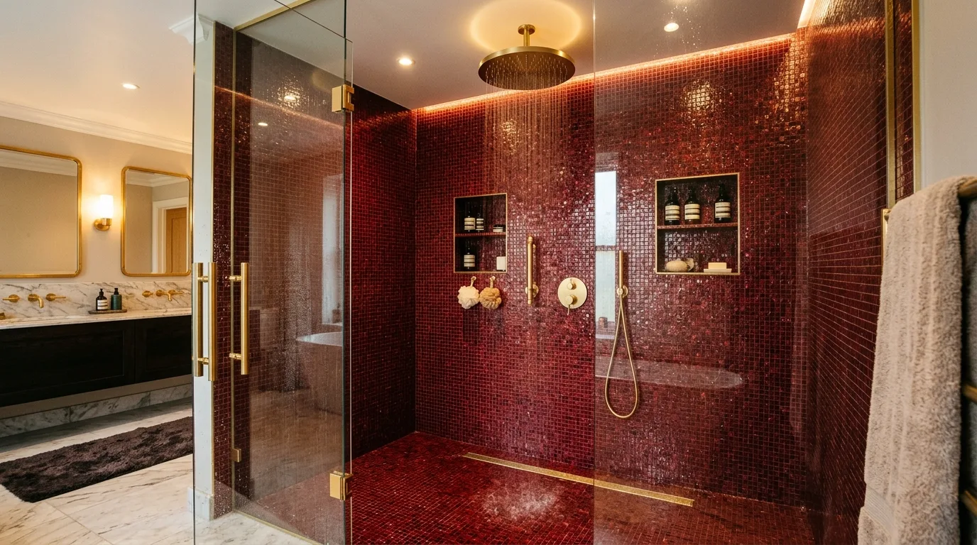 Tight intentional palette in a sultry red bathroom.