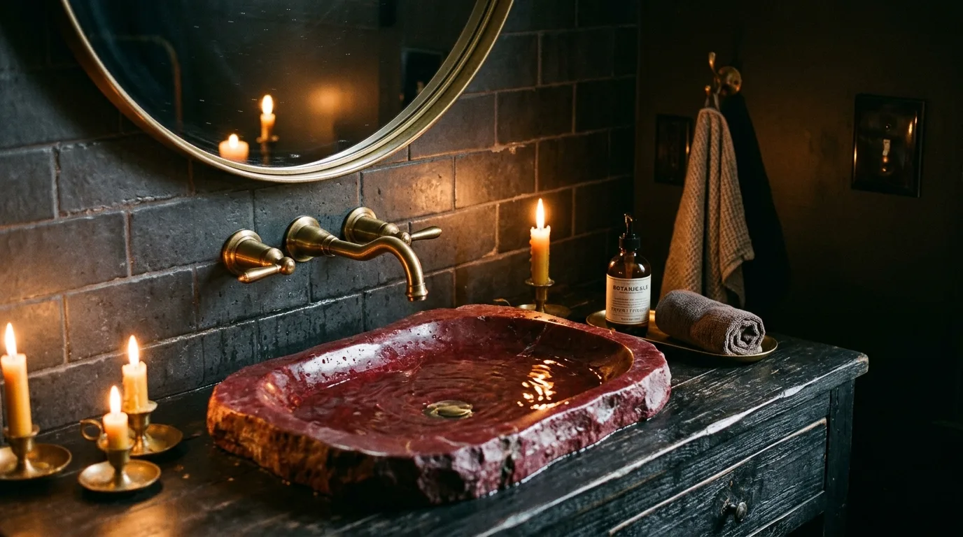 Mirrors bouncing warmth through a sultry red bathroom.