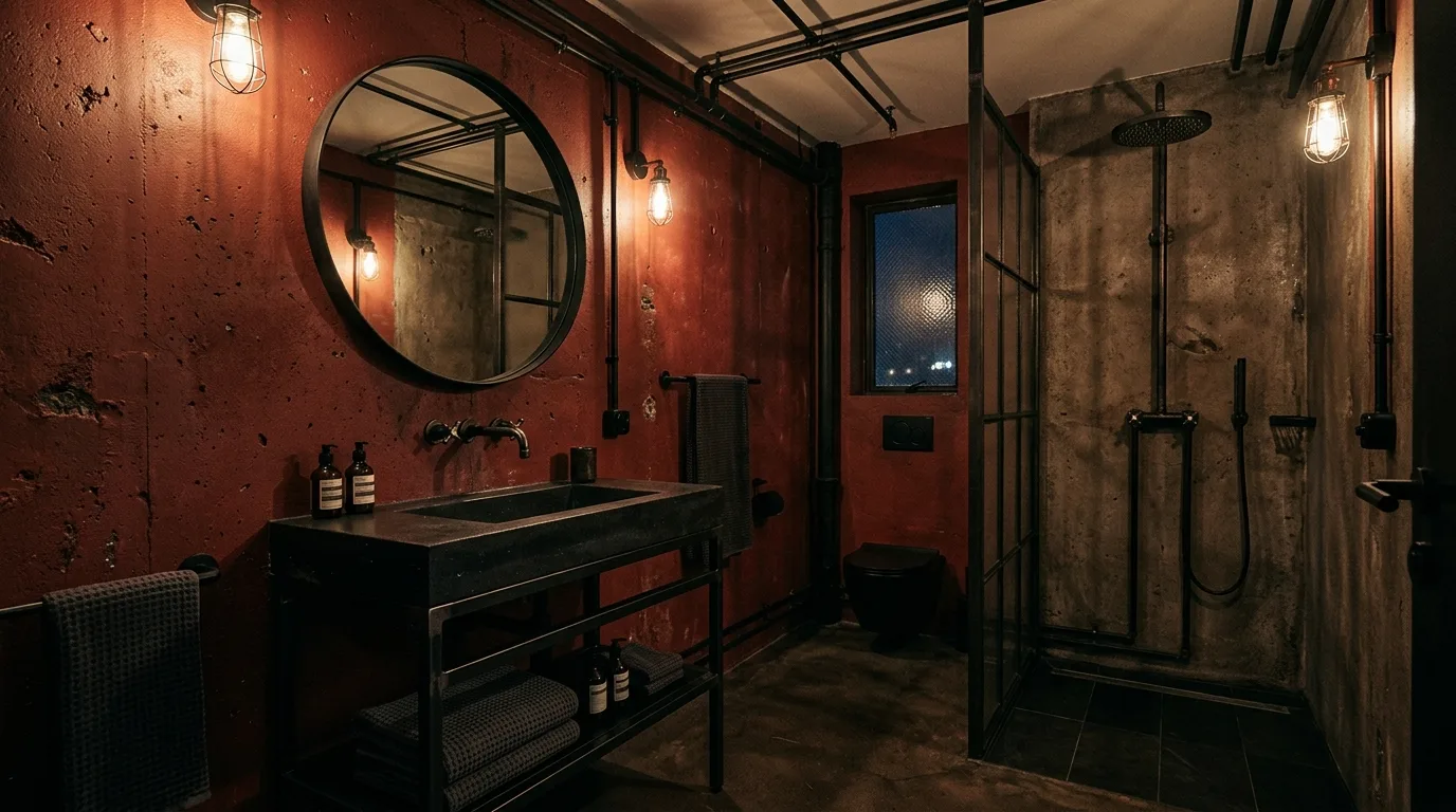 Edited decor allowing sultry red color to lead the bathroom.