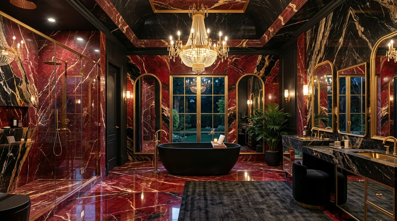 Dramatic alluring bathroom inspired by a sultry red aesthetic.