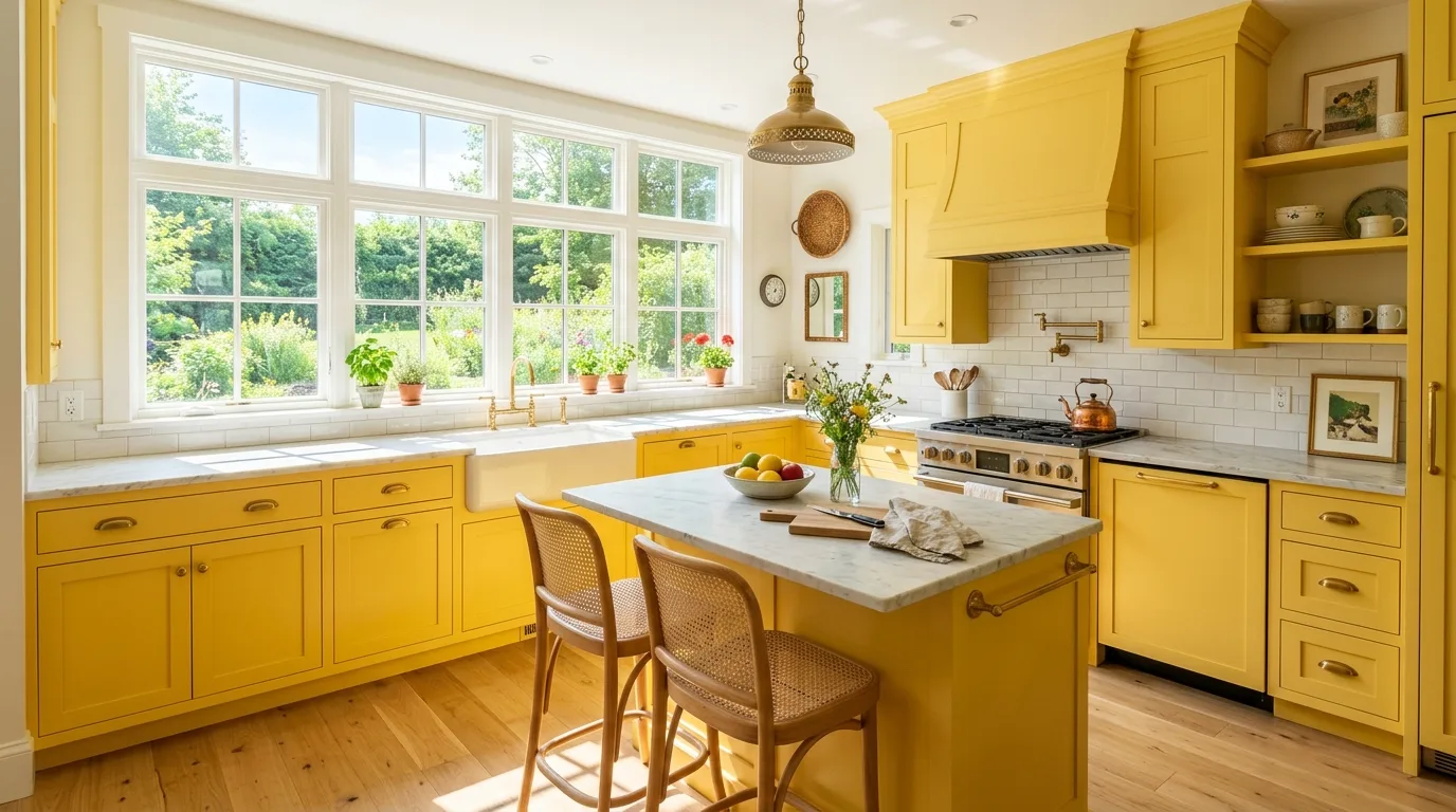 Sunny yellow kitchen cabinets brightening the room with cheerful color.