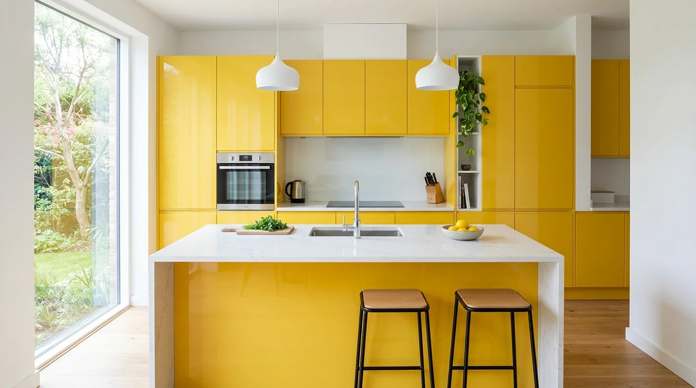 Sunny yellow cabinets waking up the kitchen with color.