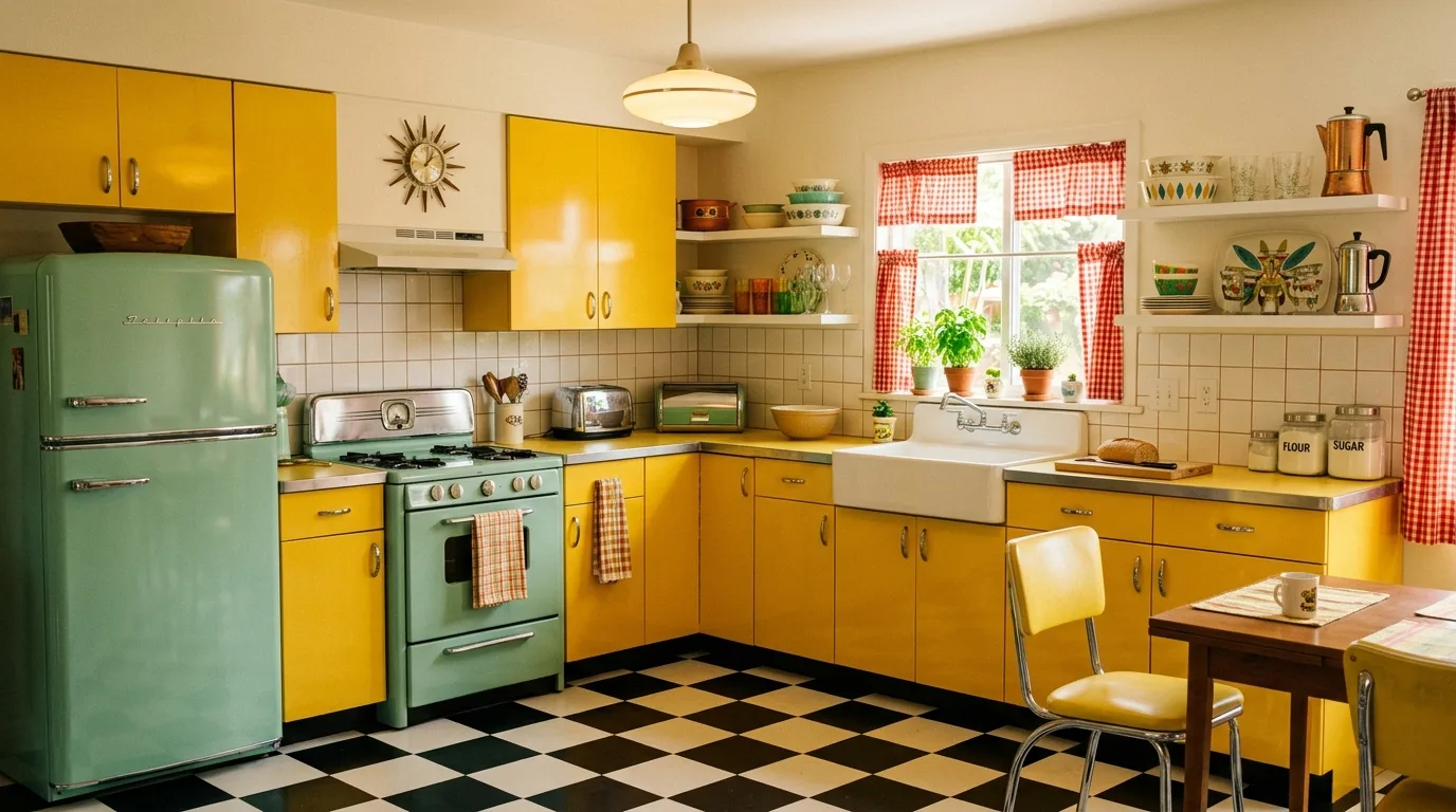 Natural wood balancing sunny yellow kitchen cabinets.