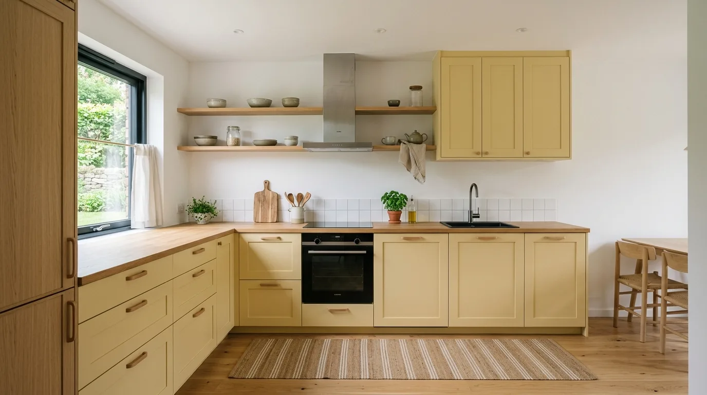 Yellow cabinet tone chosen for the kitchen light conditions.