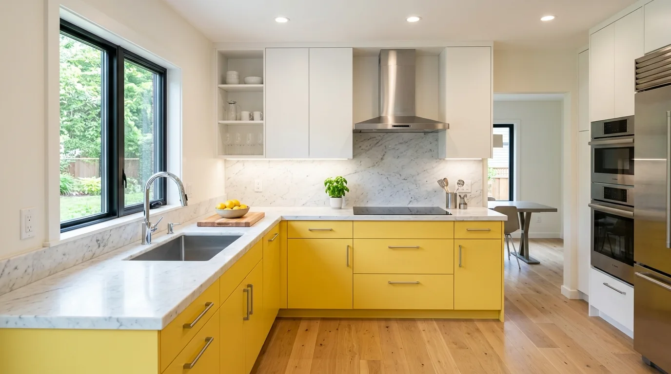 Simple hardware letting yellow kitchen cabinets lead the look.