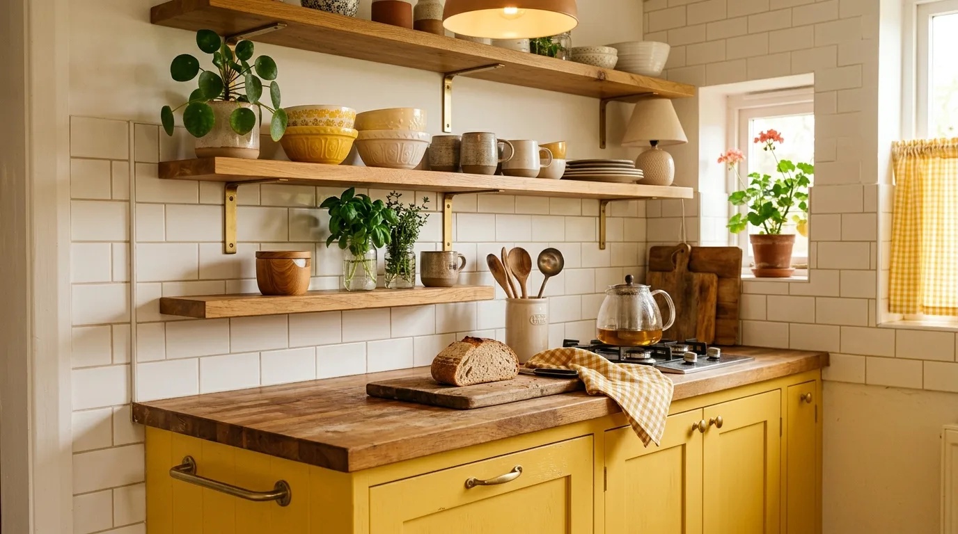 Neutral stone counters complementing sunny yellow cabinets.