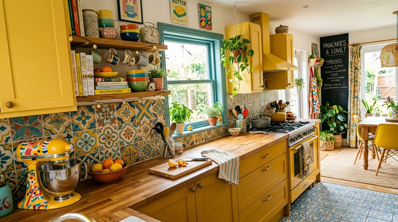 Uplifting yellow kitchen that avoids feeling overdone.