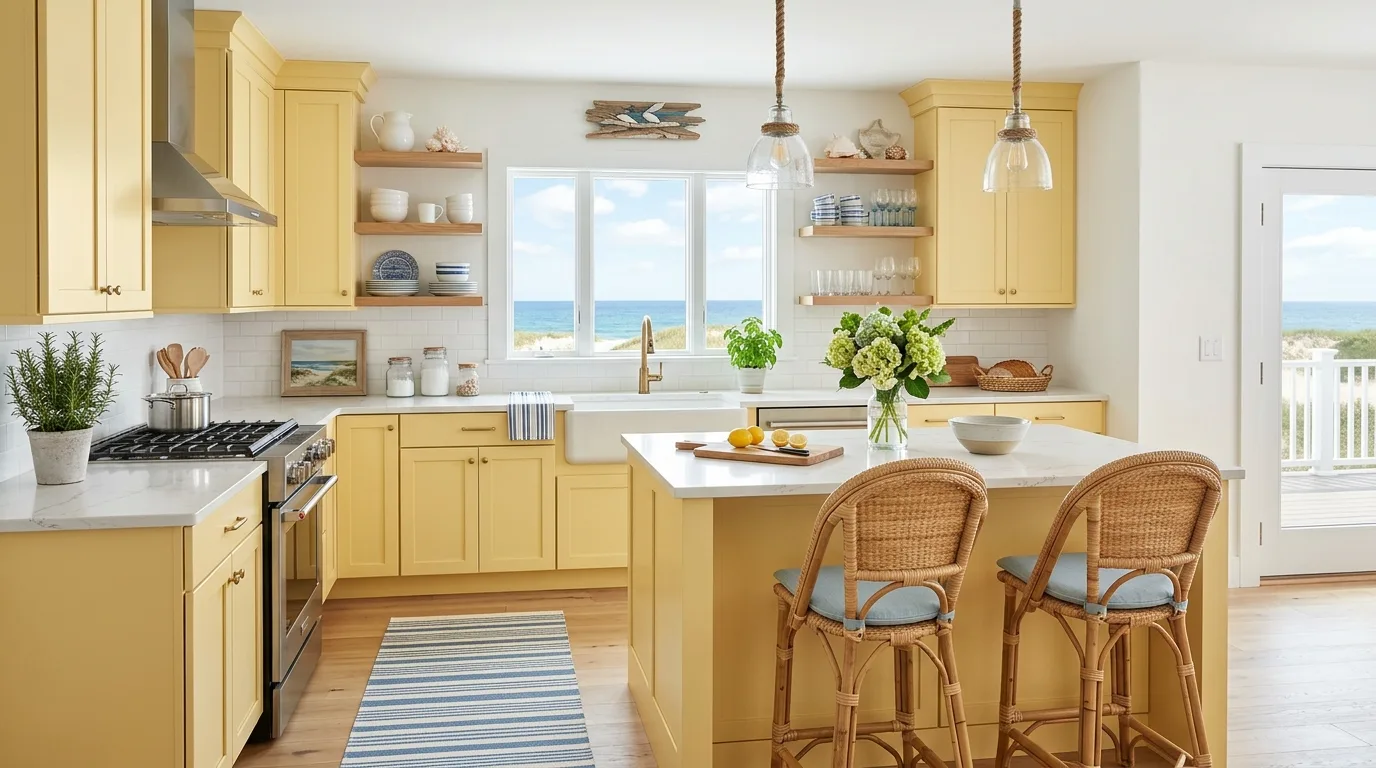 Sunny lived-in kitchen with cheerful yellow cabinets.