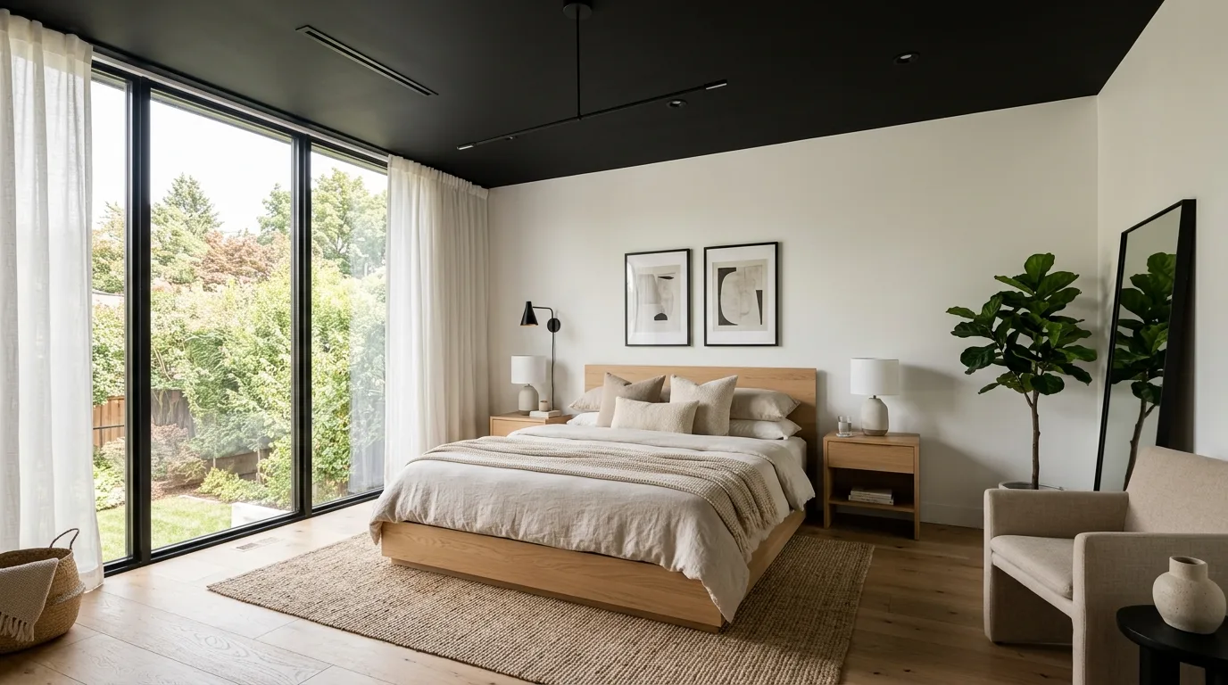 Surprising black ceiling in a bedroom adding height, contrast, and drama.