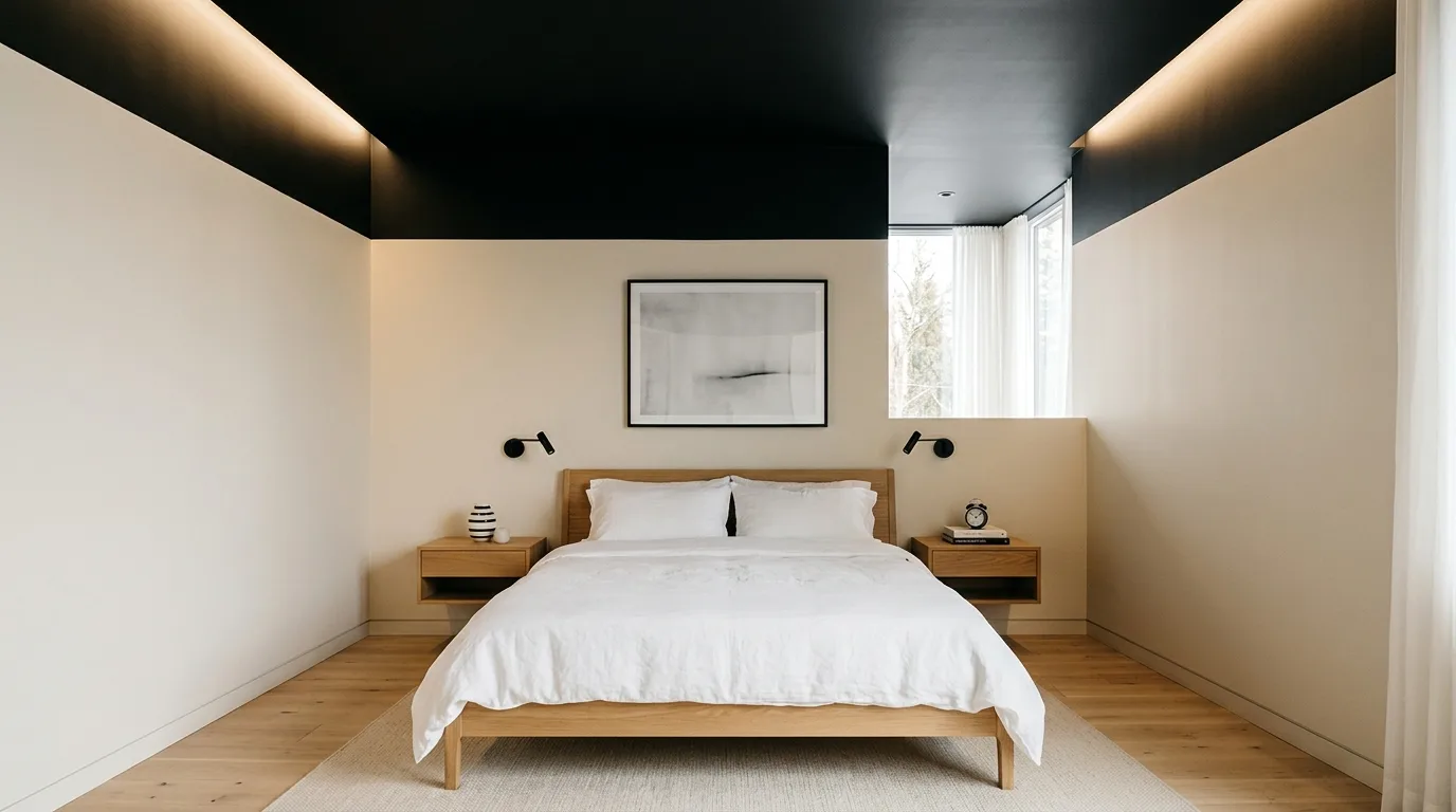 Matte black ceiling above soft bedding in a balanced moody bedroom.