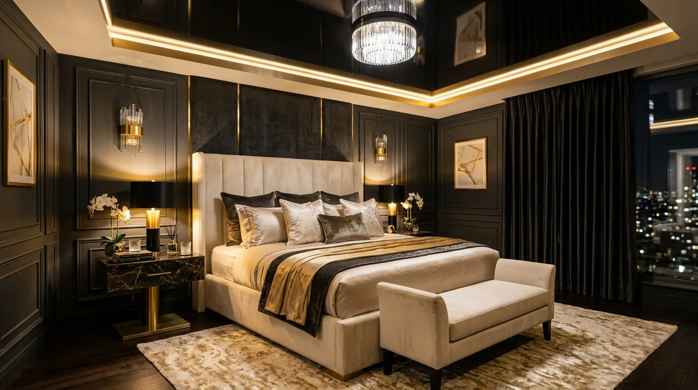 Black ceiling balanced by warm wood in a cozy architectural bedroom.